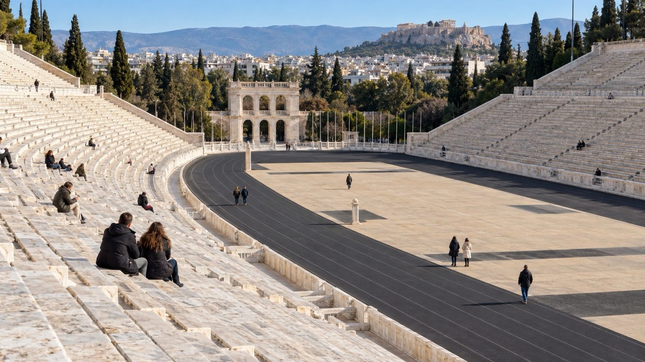The marble Panathenaic Stadium under winter light