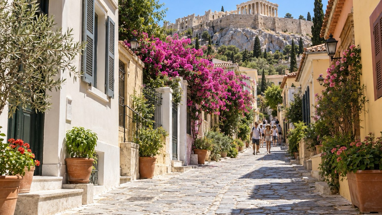 The alleys of Plaka, in Athens, in summer