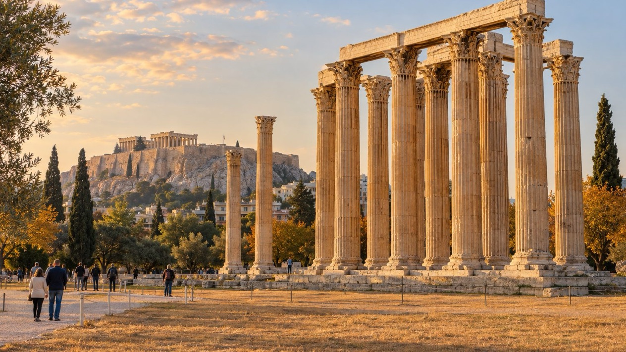 The Temple of Olympian Zeus in Athens in autumn