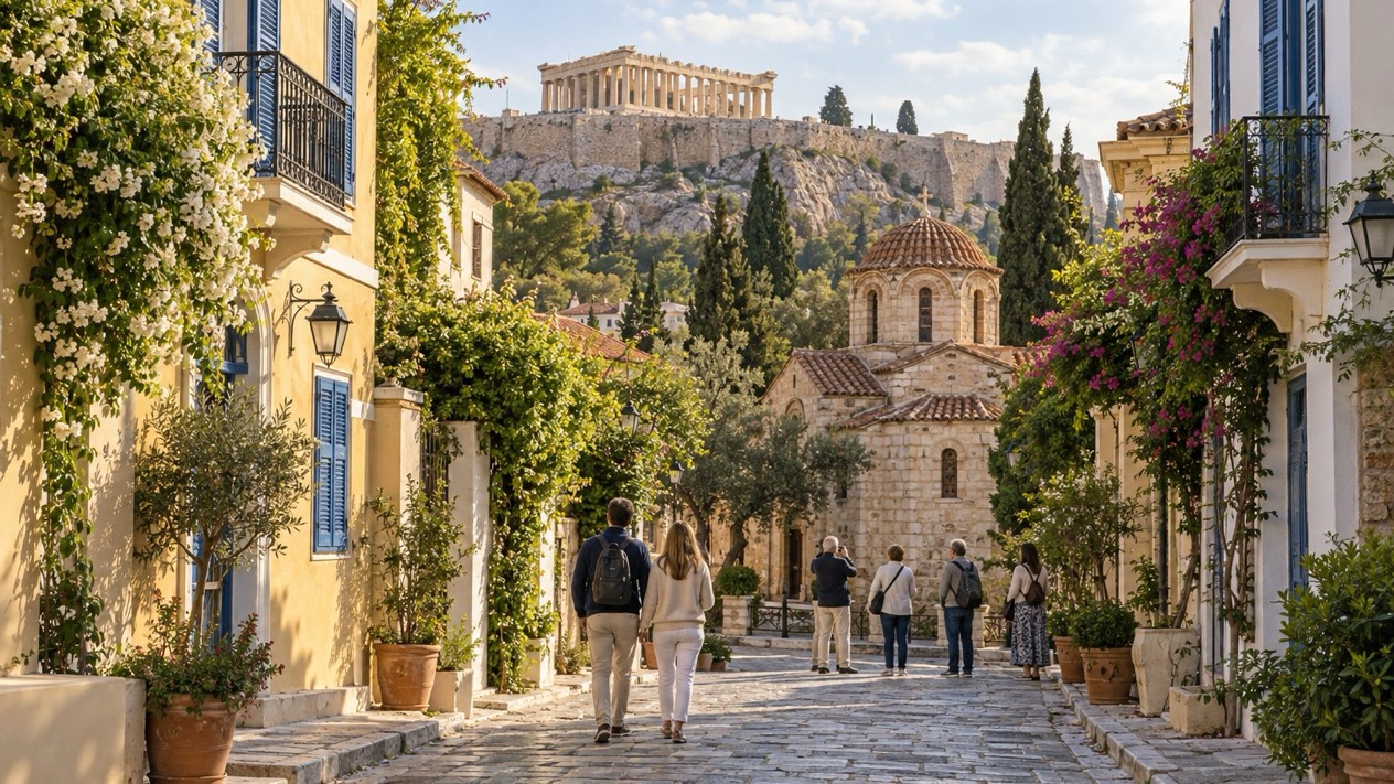 The alleys of Plaka, in Athens, in spring