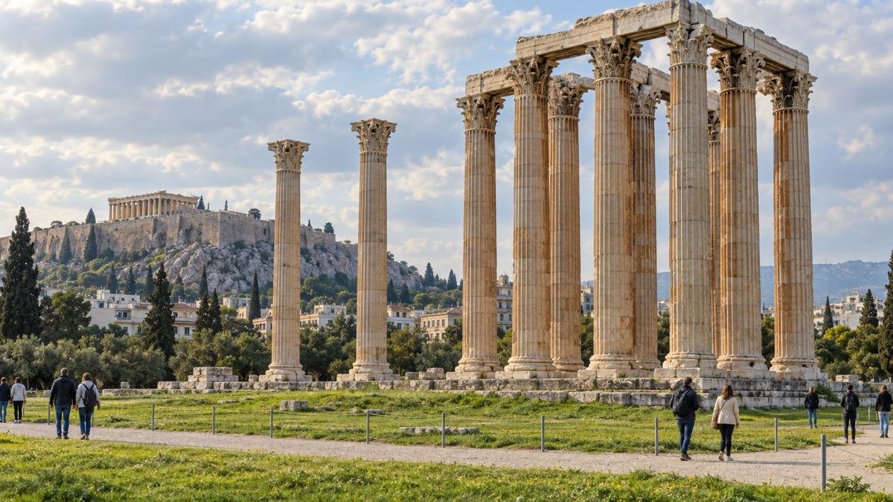 The Temple of Olympian Zeus in Athens in spring