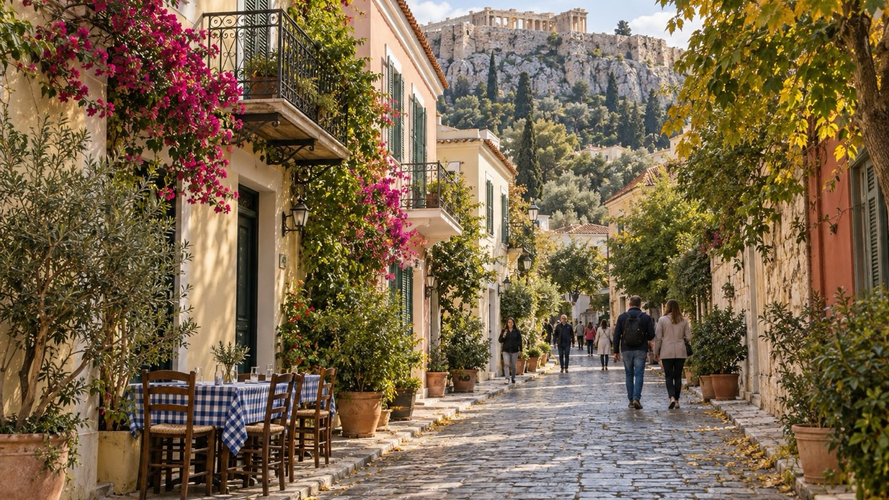 A Plaka alley dominated by the Acropolis in autumn
