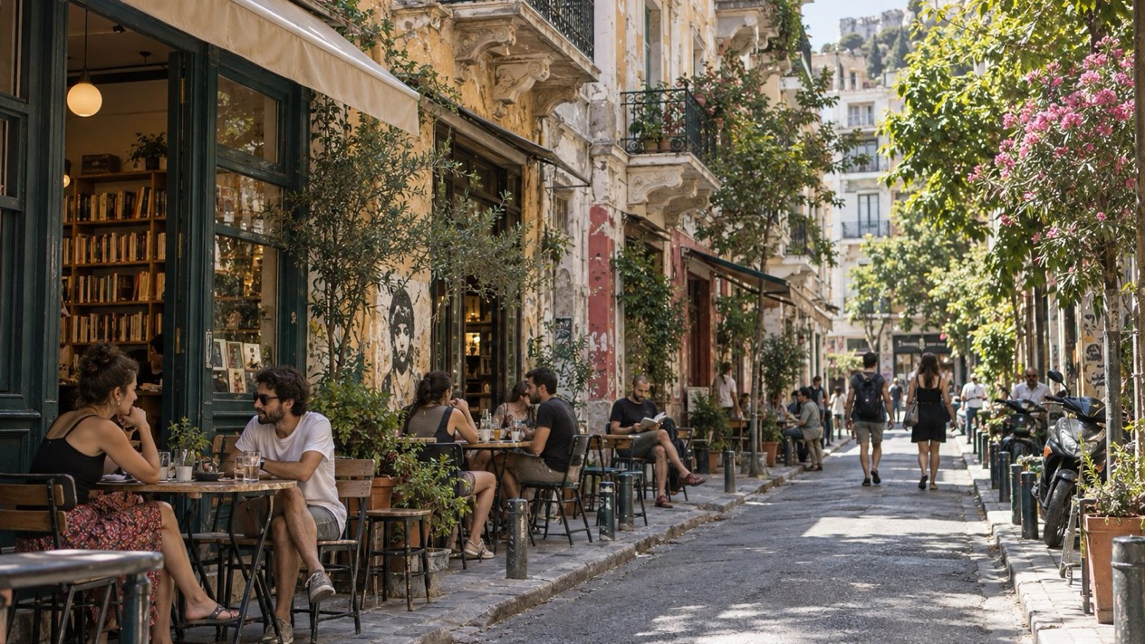 A street in Exarchia, Athens' alternative neighborhood, in summer