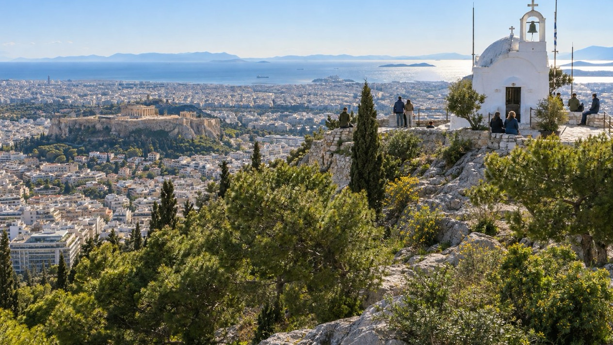 The chapel at the summit of Mount Lycabettus in spring