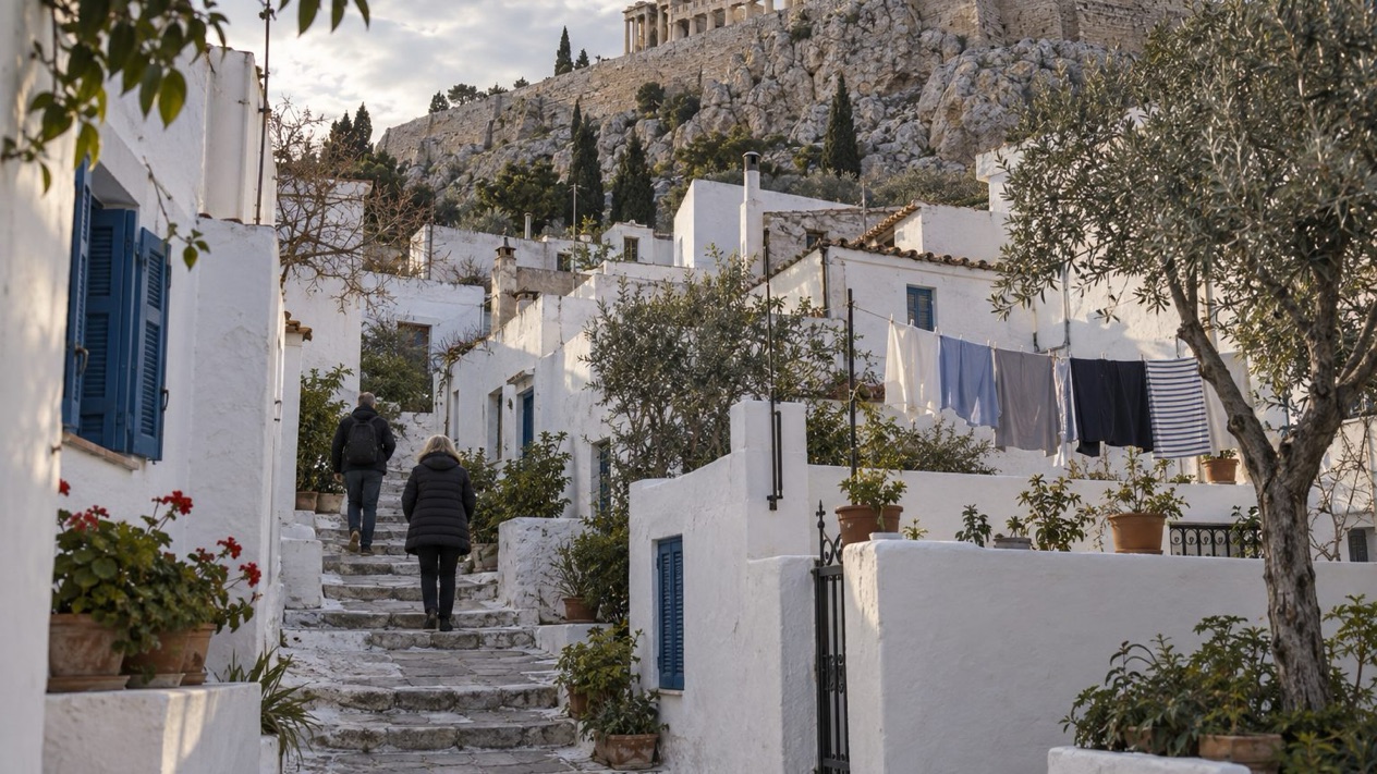 The Anafiotika neighborhood in Athens in winter