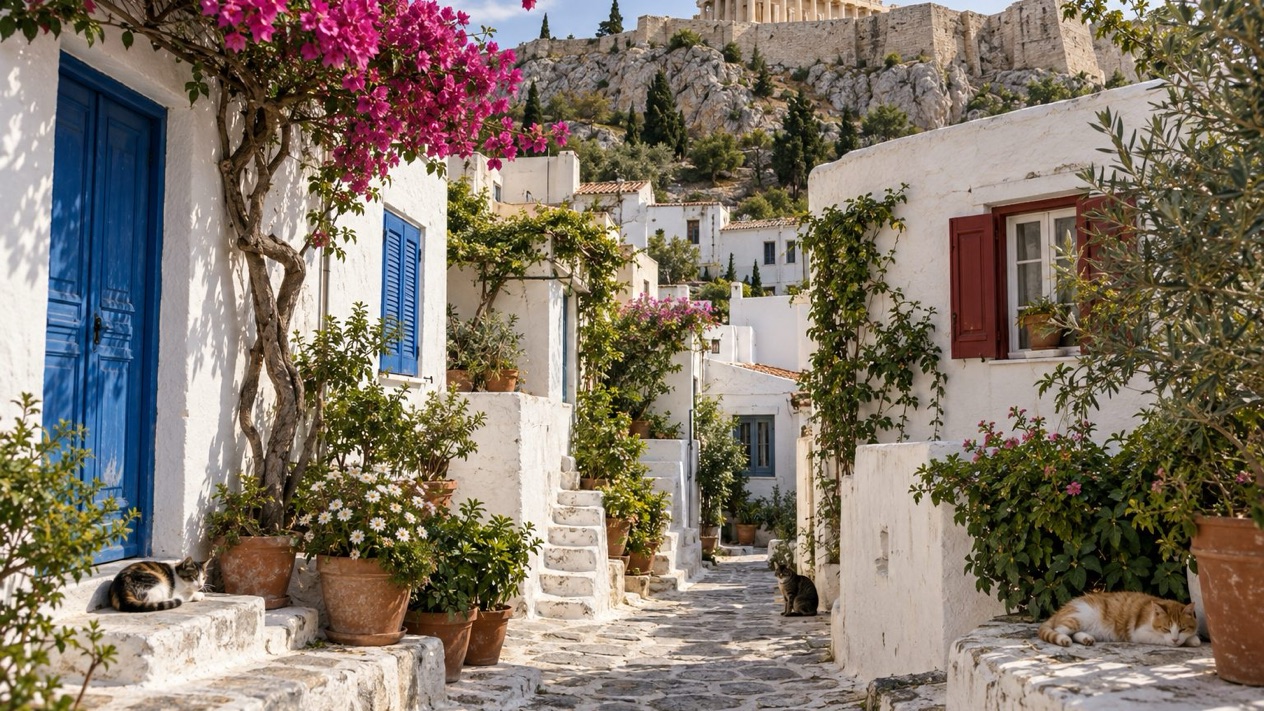 The white houses of Anafiotika in spring
