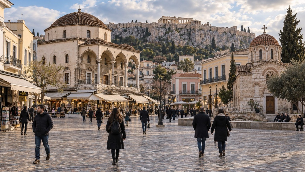 Monastiraki Square in Athens under a winter sky