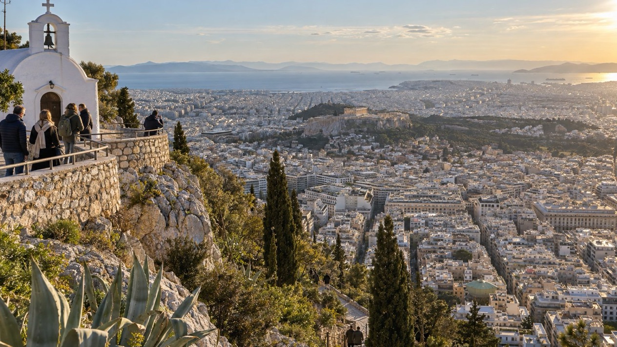 The view from Mount Lycabettus in Athens in winter