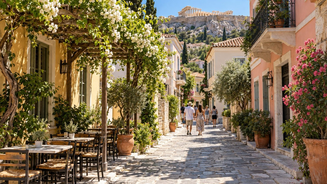 A quiet street in the Plaka district of Athens in summer