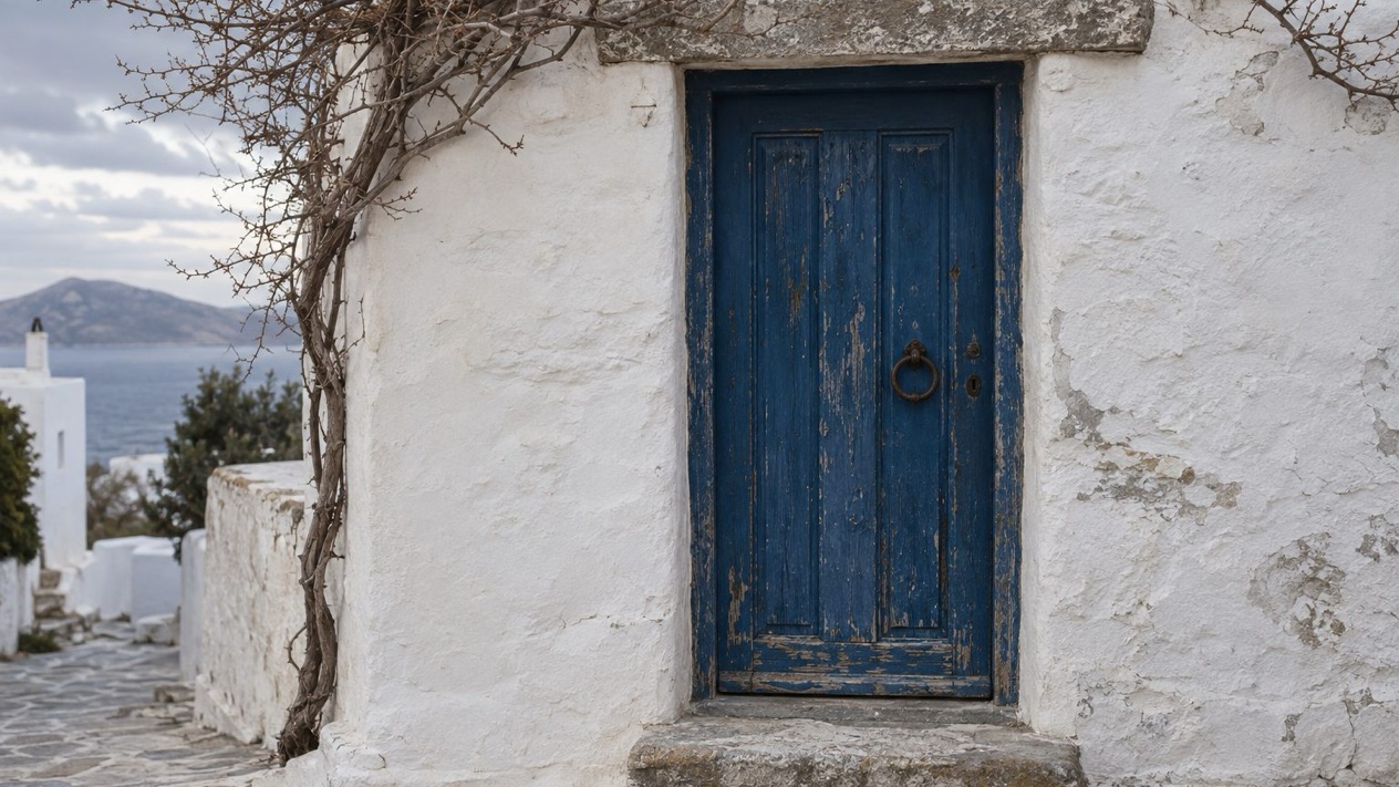 An old blue door and a whitewashed wall in Antiparos in winter