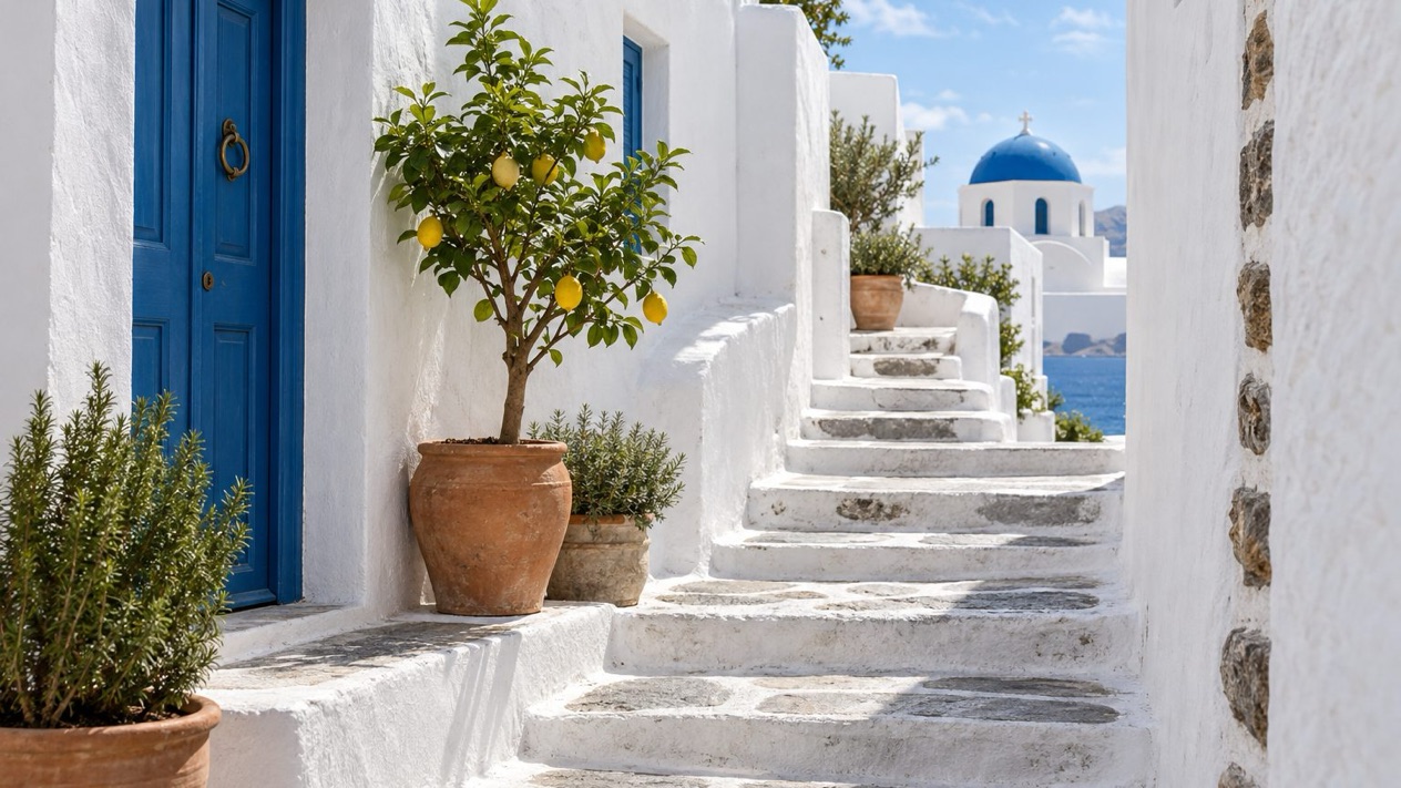 A white and blue alley in Mykonos in spring