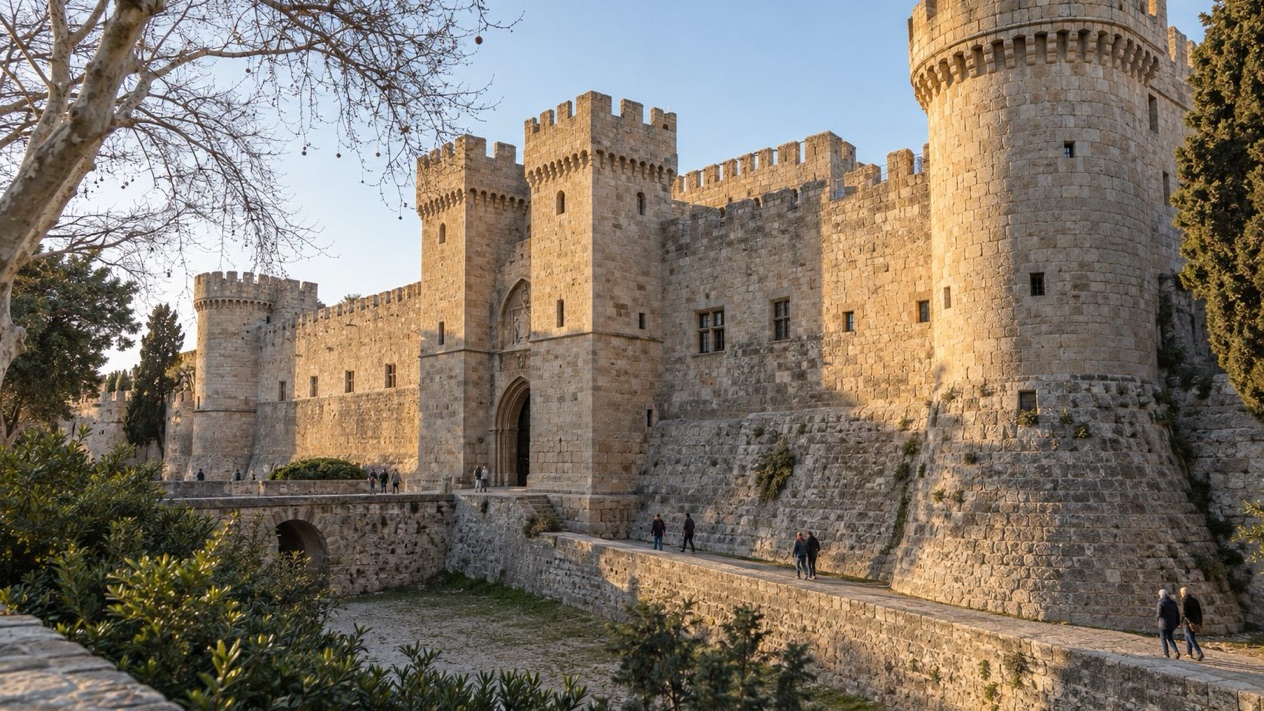 The Palace of the Grand Masters of Rhodes, under a winter sky