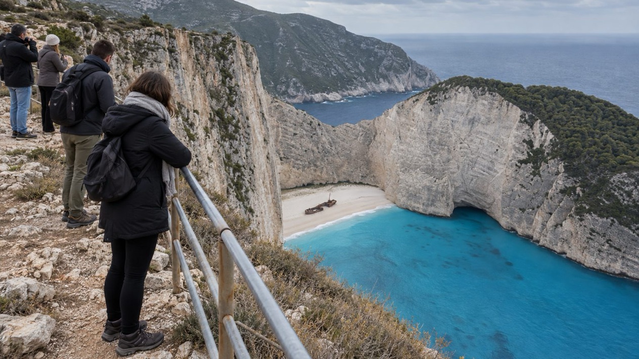 The Navagio viewpoint on Zante in winter