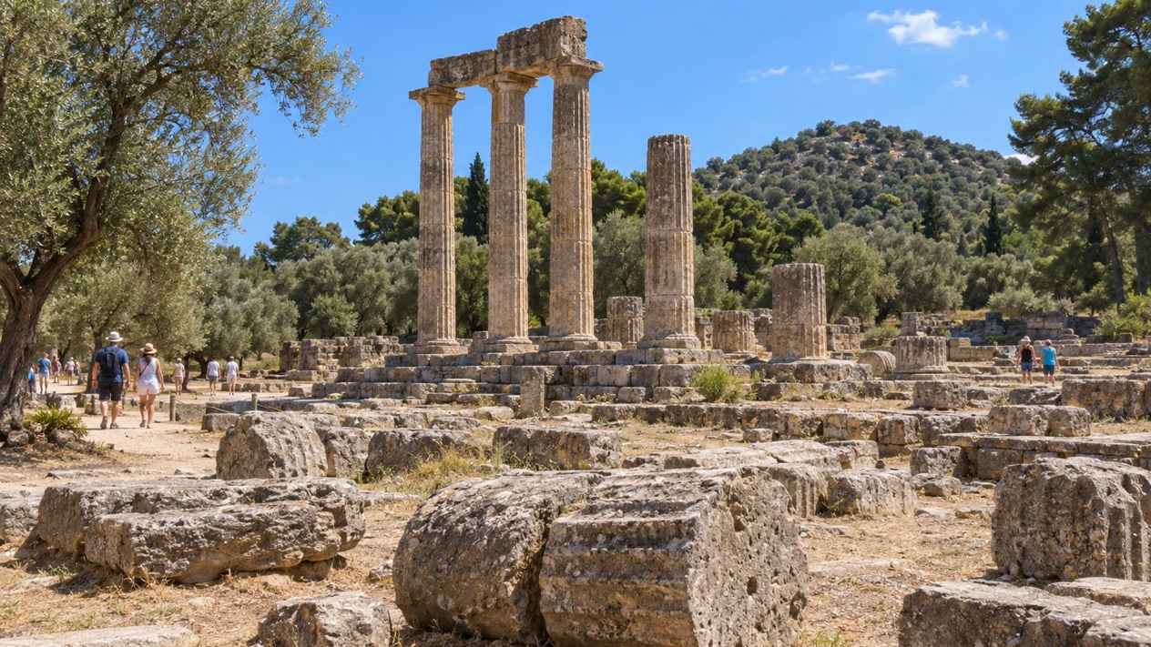 The ruins of the Temple of Zeus in Olympia in summer