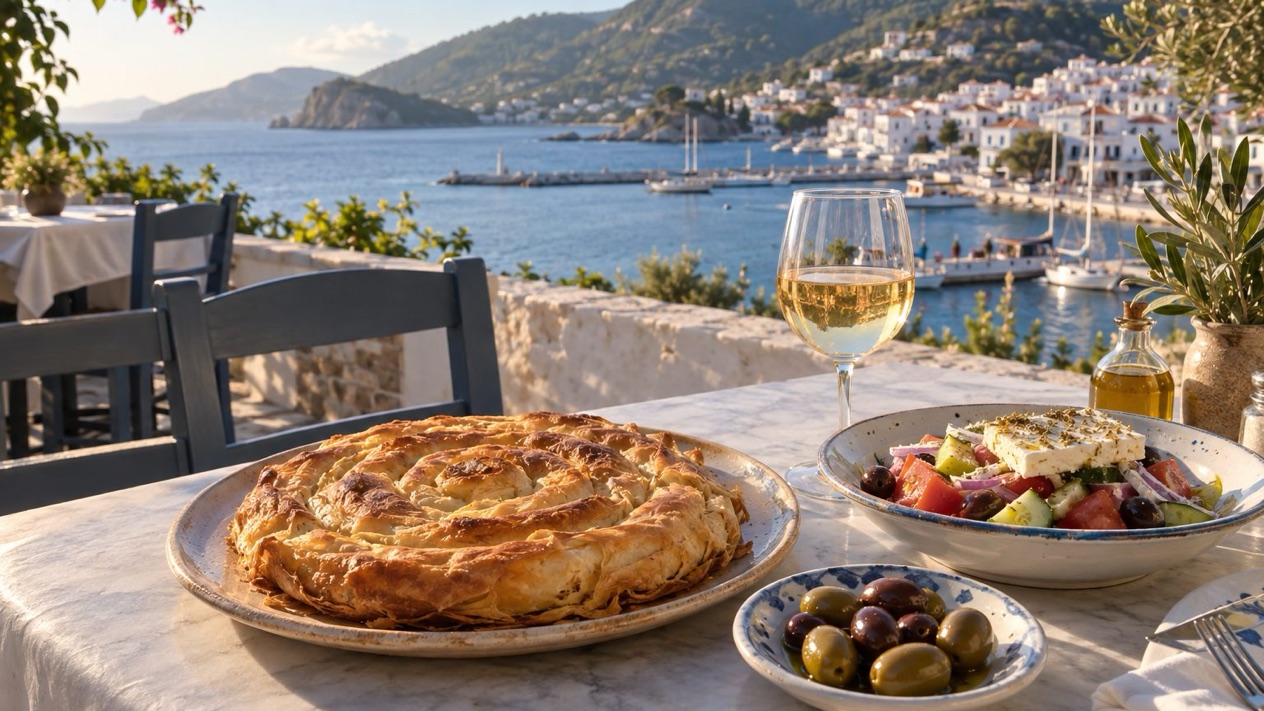 Skopelos cheese pie and Greek salad, facing the sea, in summer