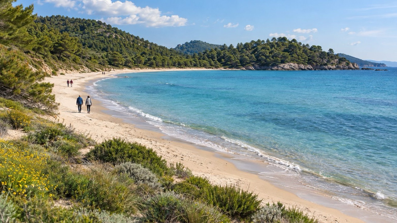 A beach lined with pine trees in Chalkidiki in spring