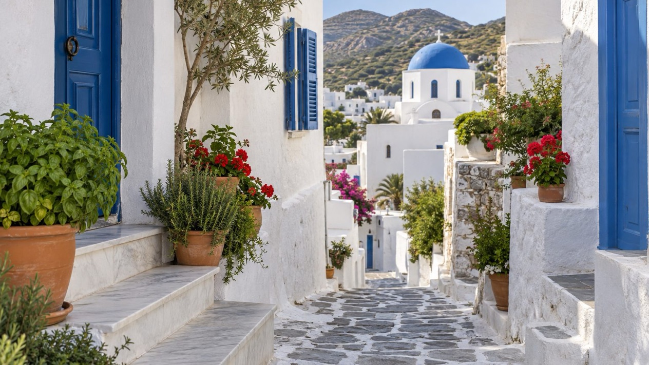 A marble path in Chora, on Ios, in spring