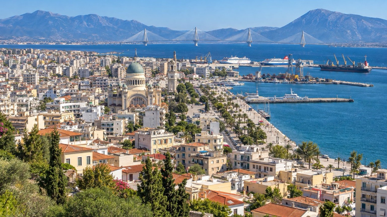 Panoramic view of Patras and the gulf in summer