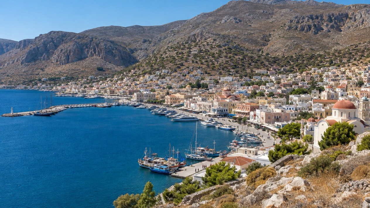 Pothia and the rocky mountains of Kalymnos in summer