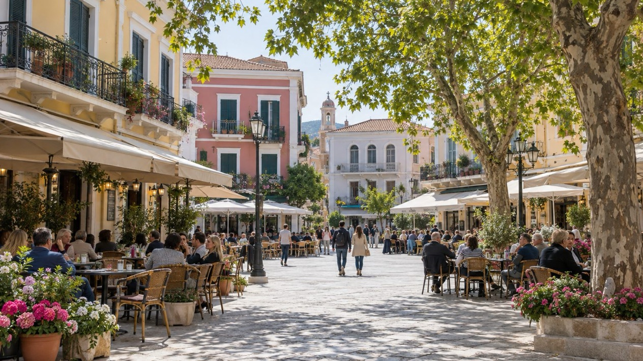 The central square of Lefkada in spring