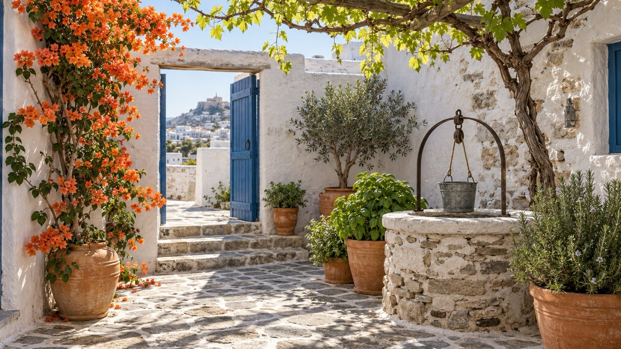 A whitewashed inner courtyard in Naxos in spring