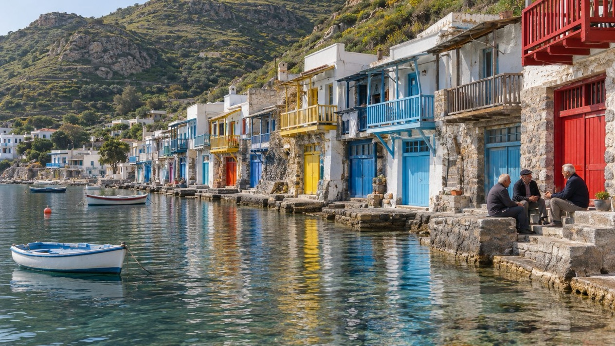 The colorful syrmata of Klima, in Milos, in spring