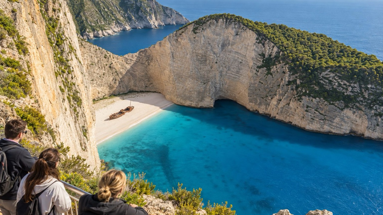 Navagio Beach in Zante, deserted in spring