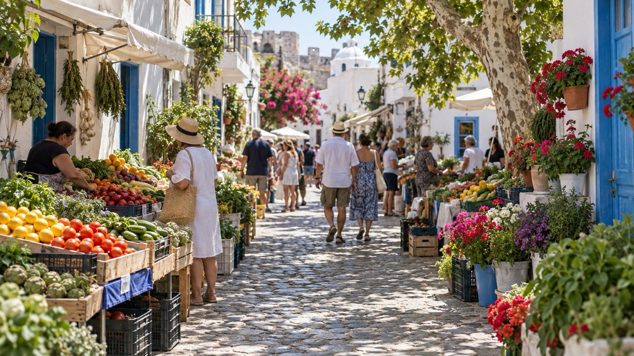 Spring market in a street of Kos