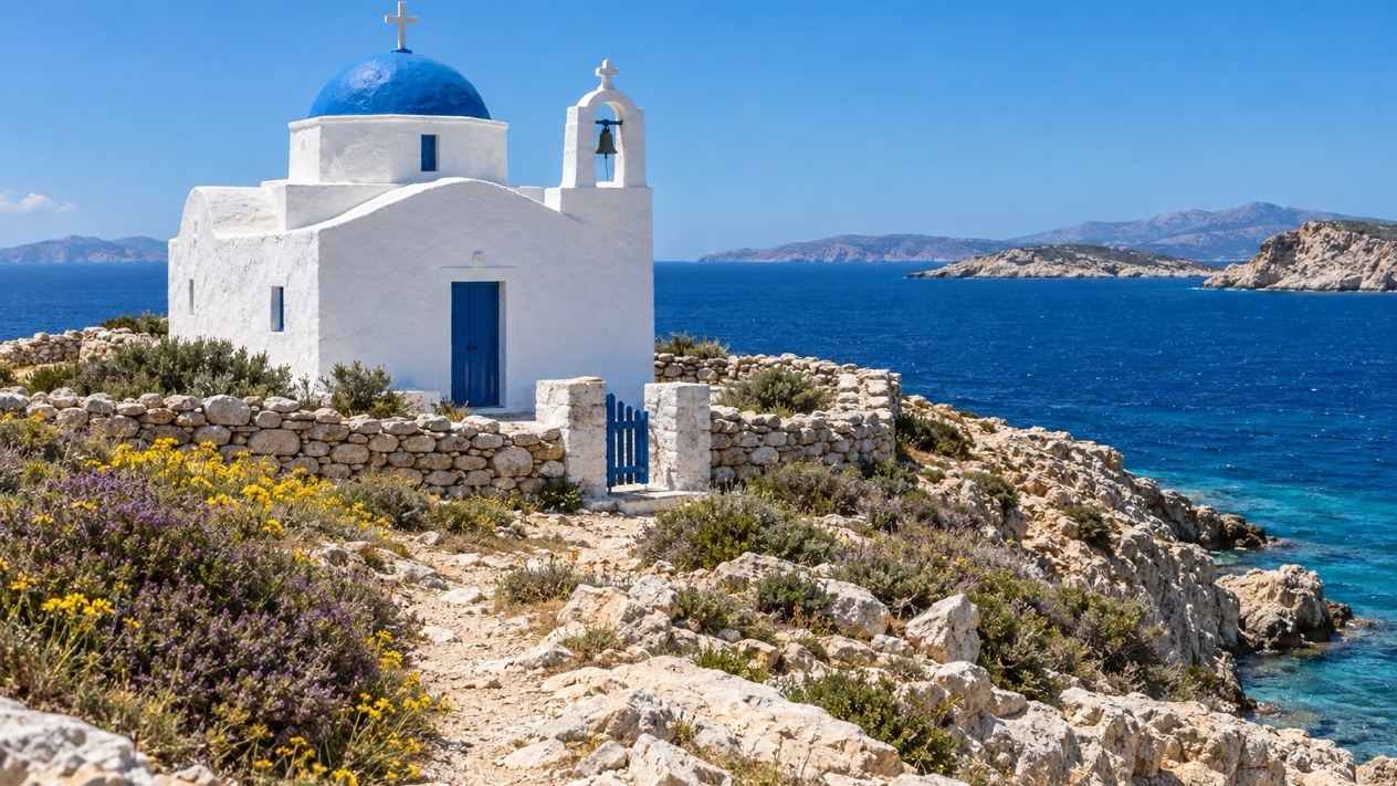 A Cycladic chapel in Koufonissia in summer