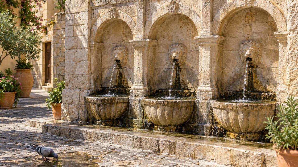 The Rimondi fountain, detail of old Rethymnon in summer
