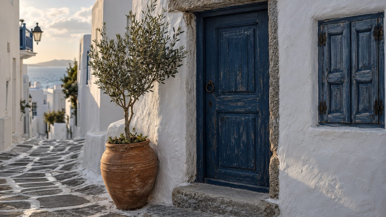 A blue door in Mykonos on a winter afternoon