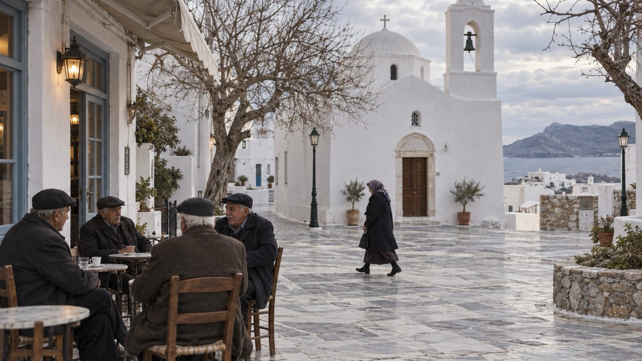 A village square in Milos under the winter sky