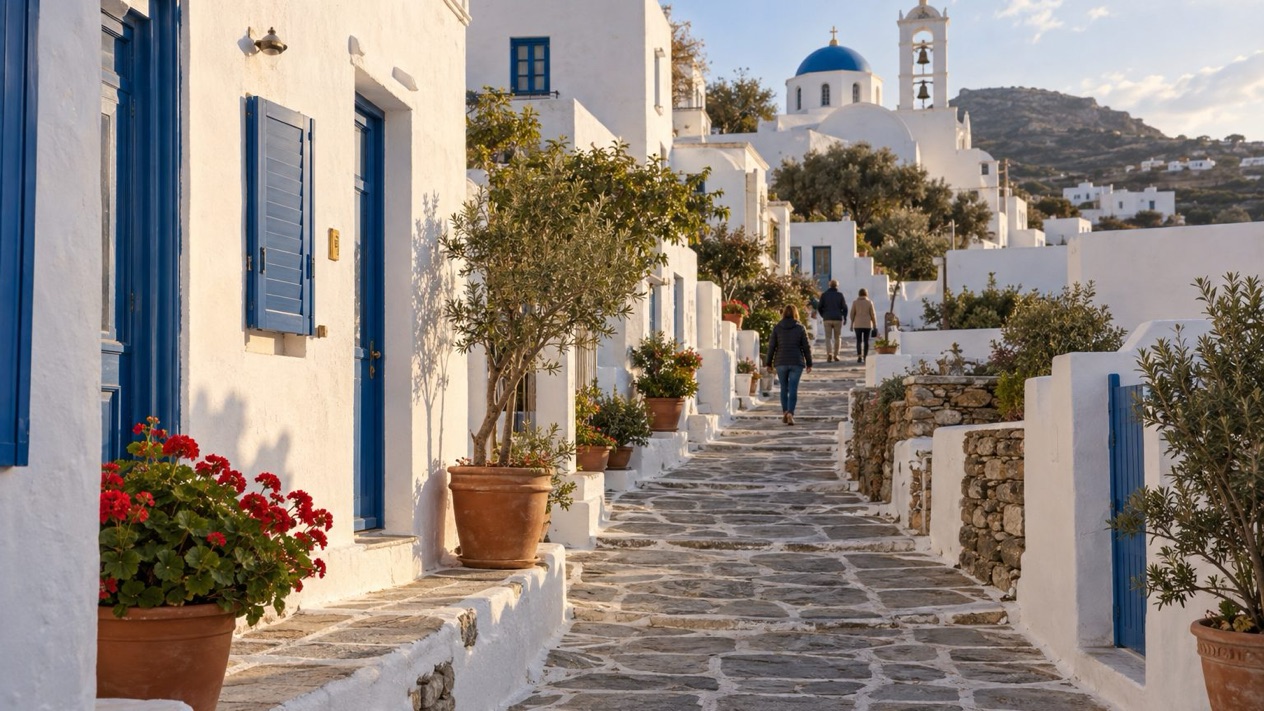 A paved lane in Apollonia, on Sifnos, under autumn light