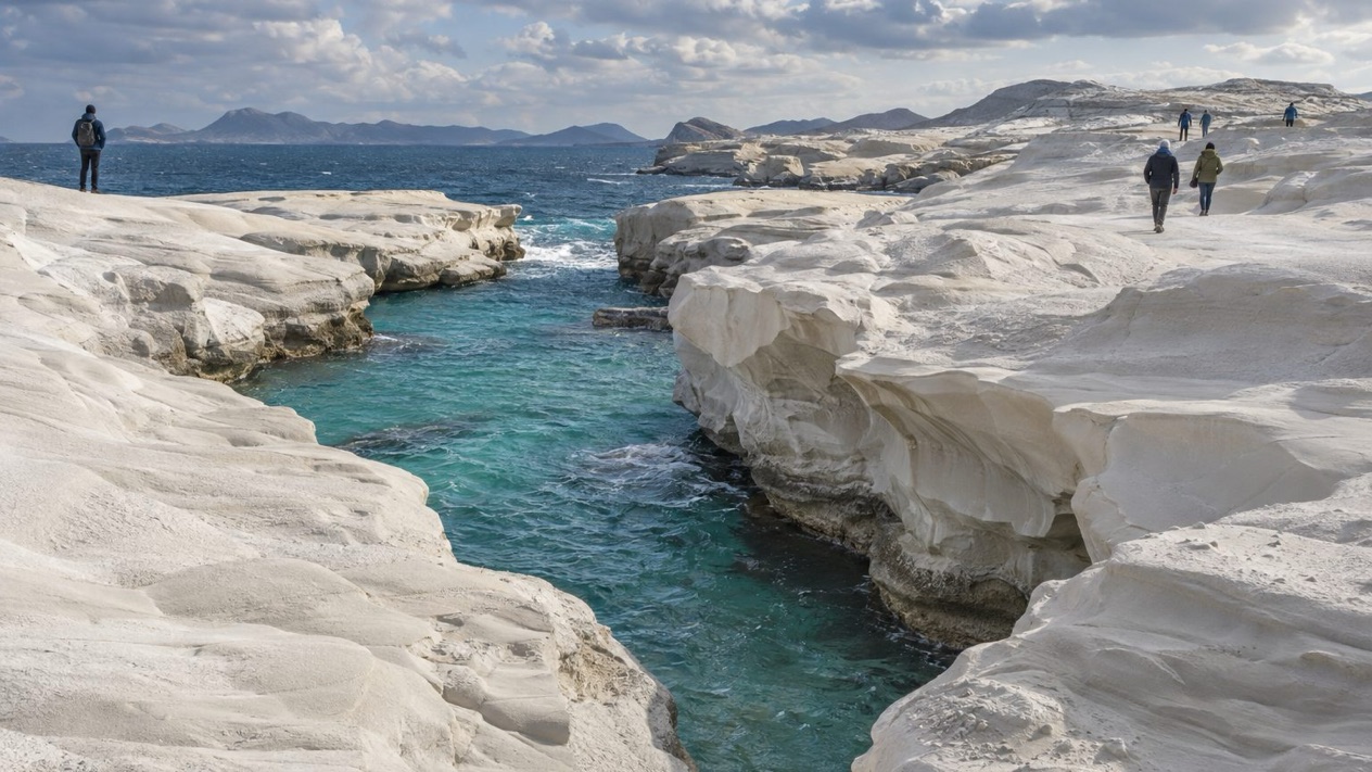 The lunar landscape of Sarakiniko in Milos in winter