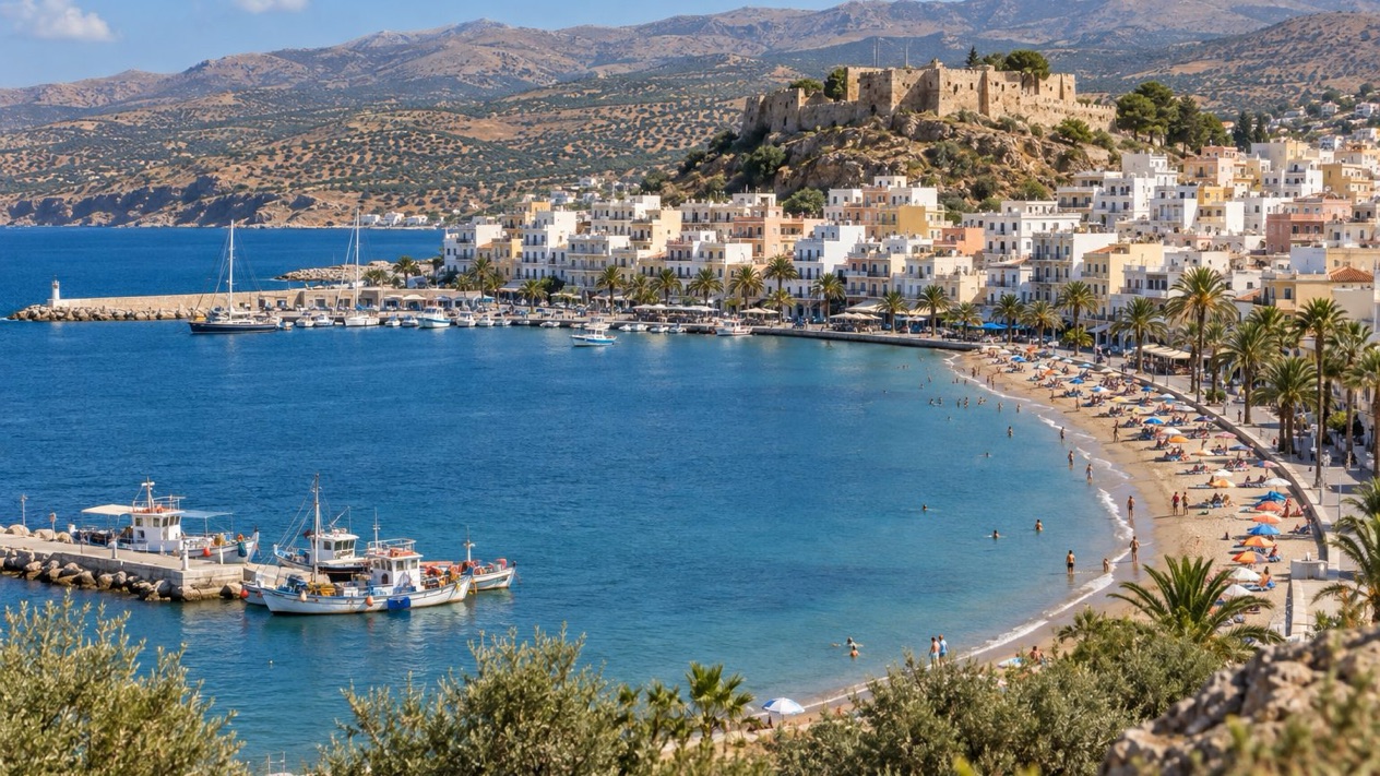 The port of Sitia overlooked by the Venetian fortress, in summer