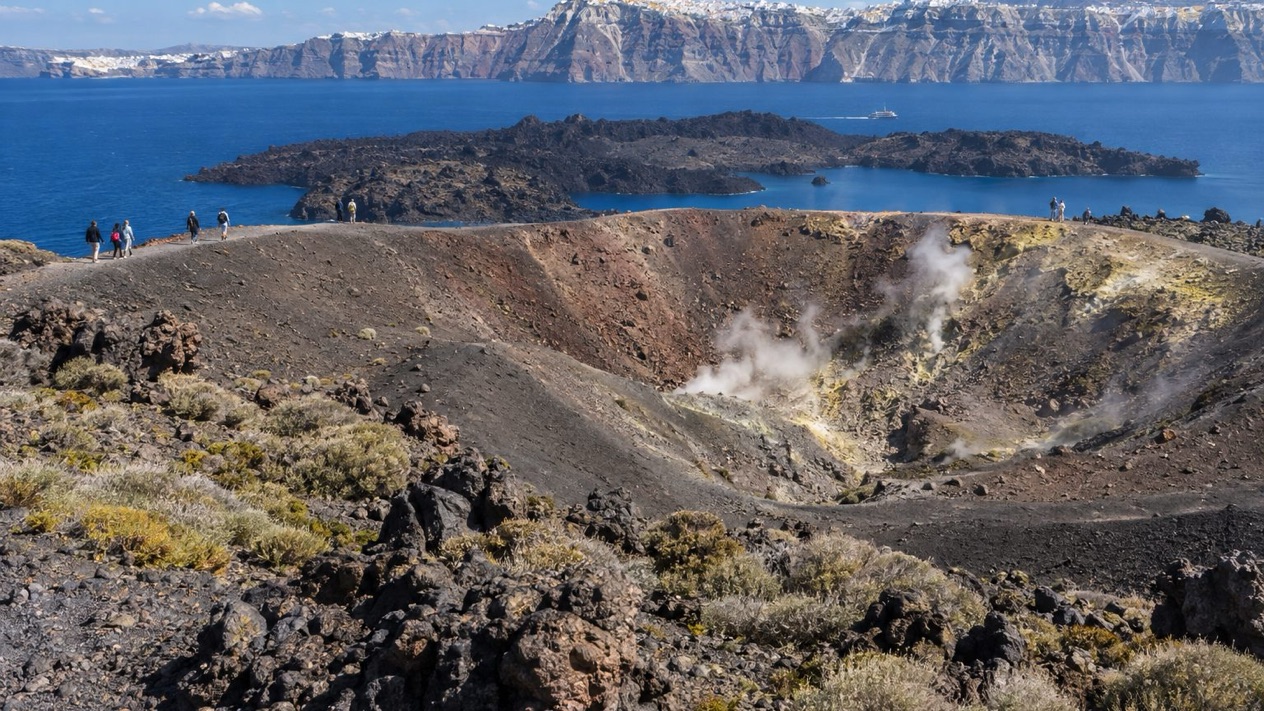 The Santorini volcano, in Greece, in spring