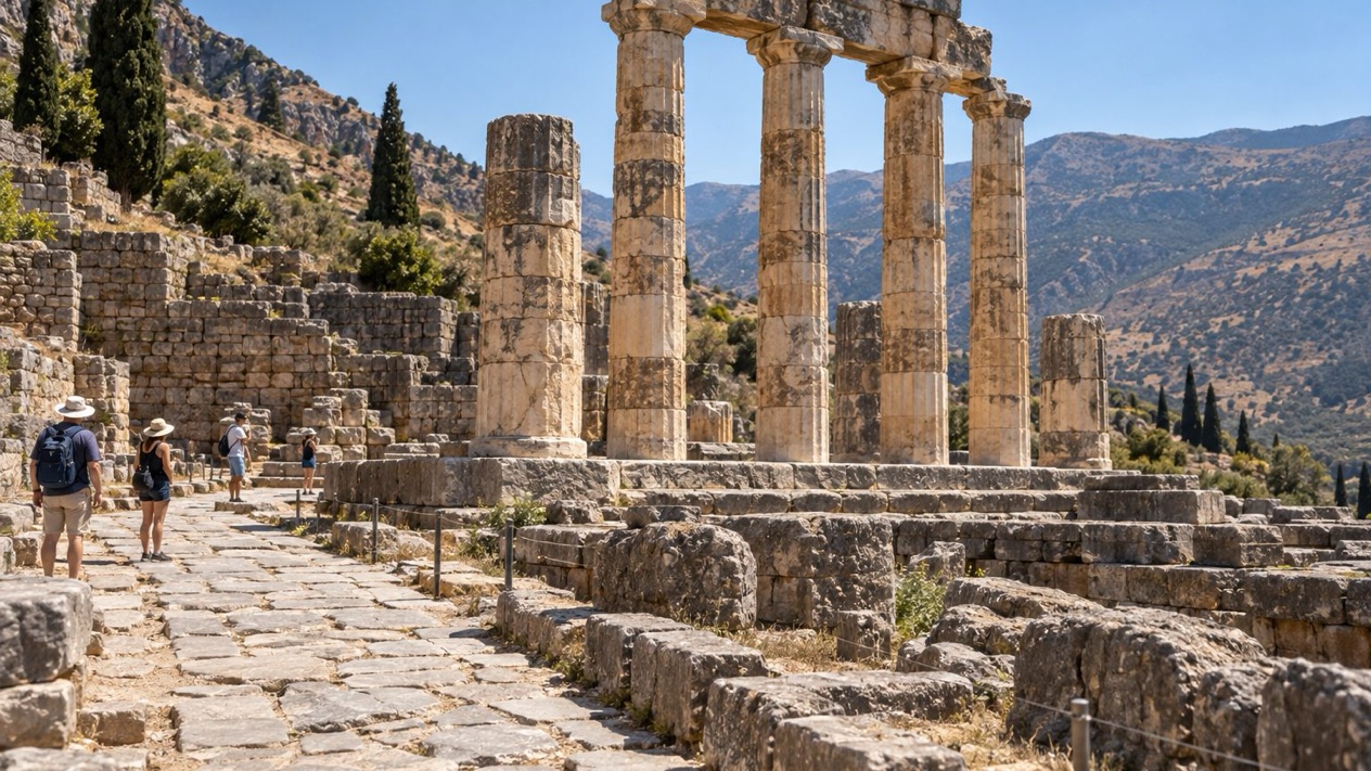 The Temple of Apollo, where the oracle of Delphi spoke, under the summer sun