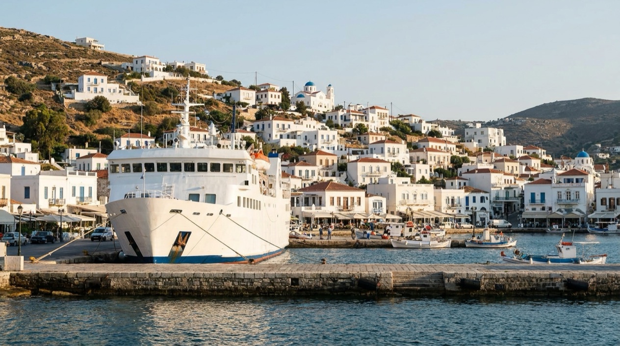 A ferry at a Greek island port