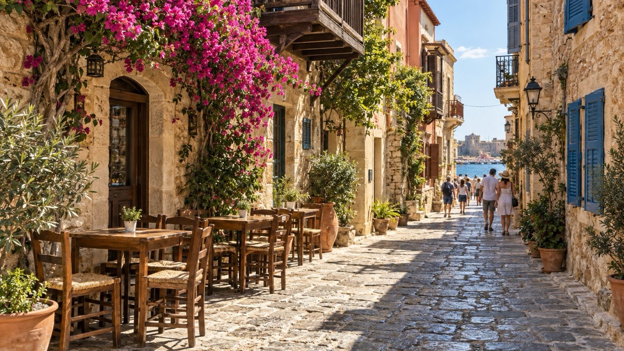 A lively alley in the old town of Chania in summer
