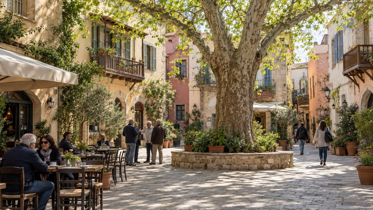 Shaded square in the old town of Chania in spring