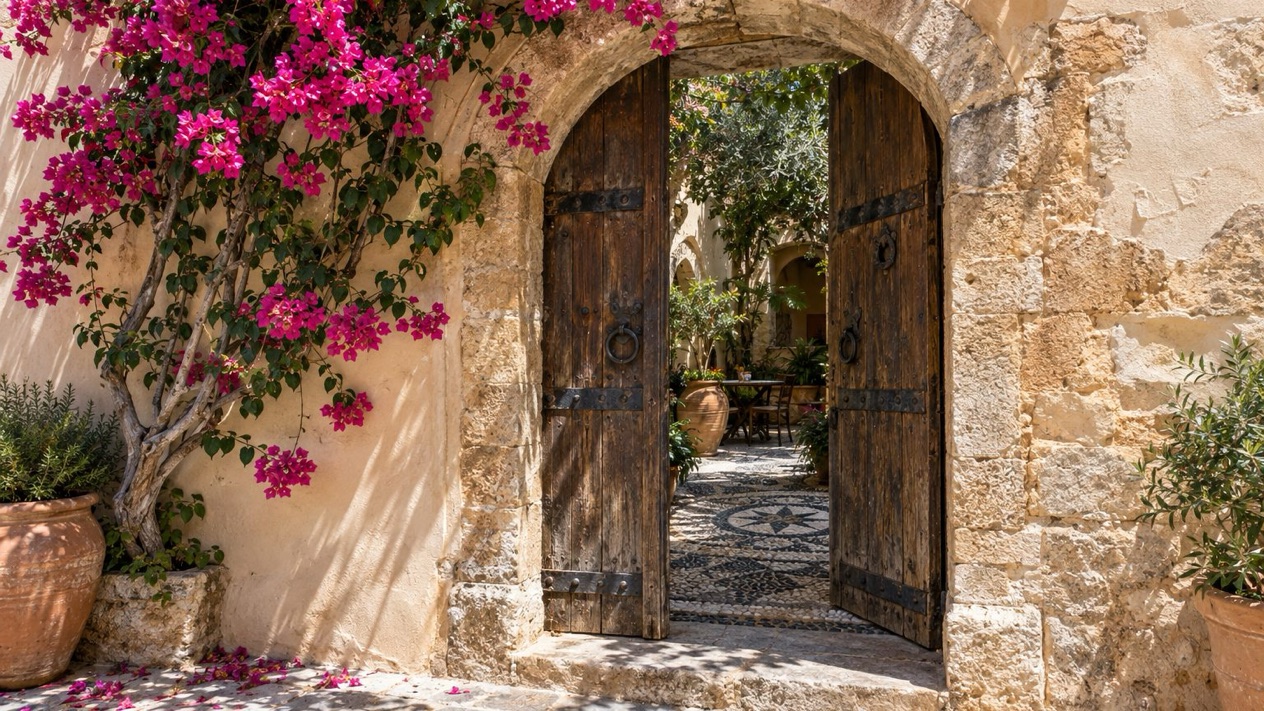 A flowered Venetian doorway in Chania in summer