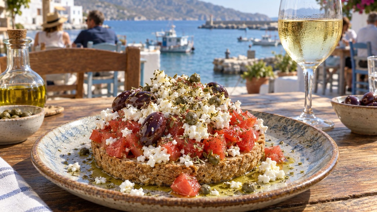 Cretan dakos on a terrace facing the sea in summer