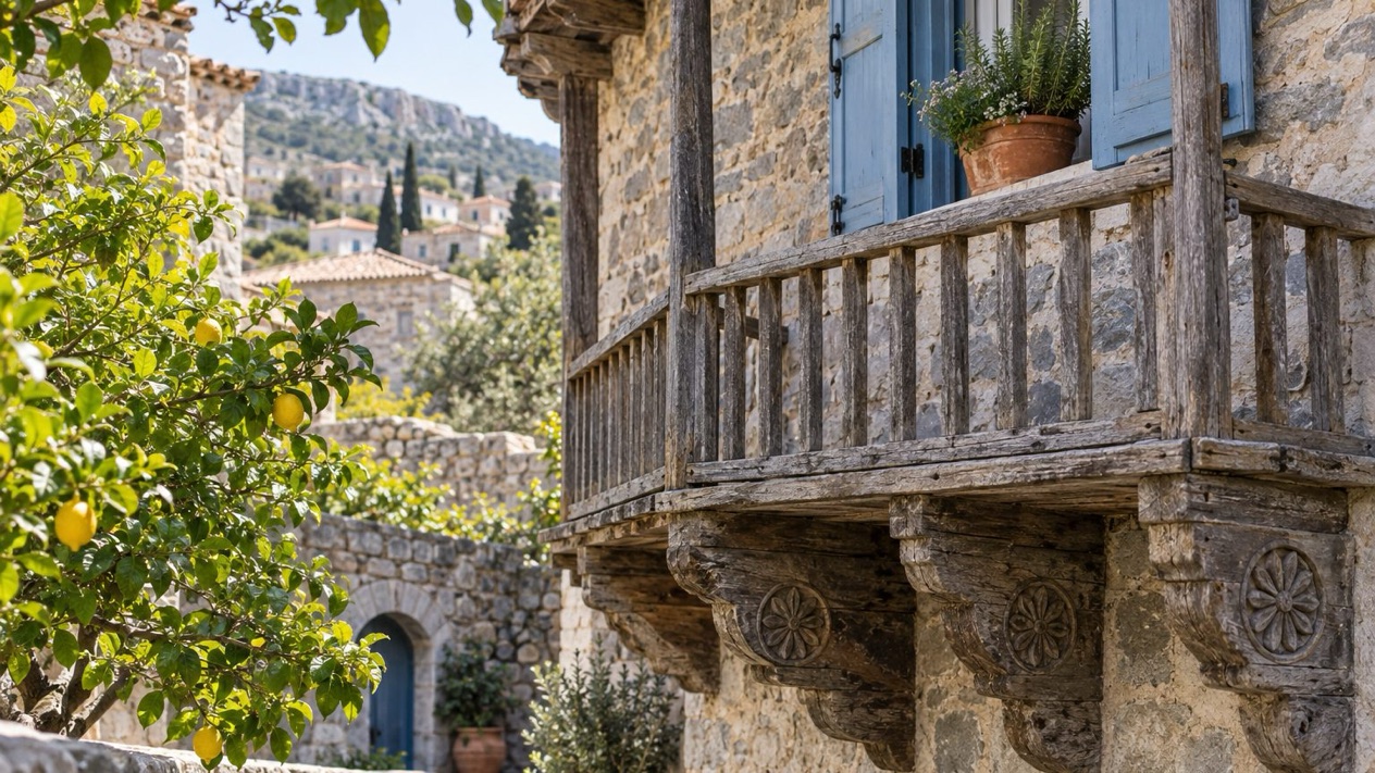 A wooden balcony in Mesta, on the island of Chios, in spring