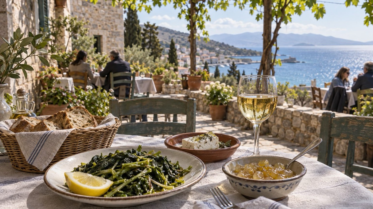 A taverna terrace in Chios, on a mild spring noon