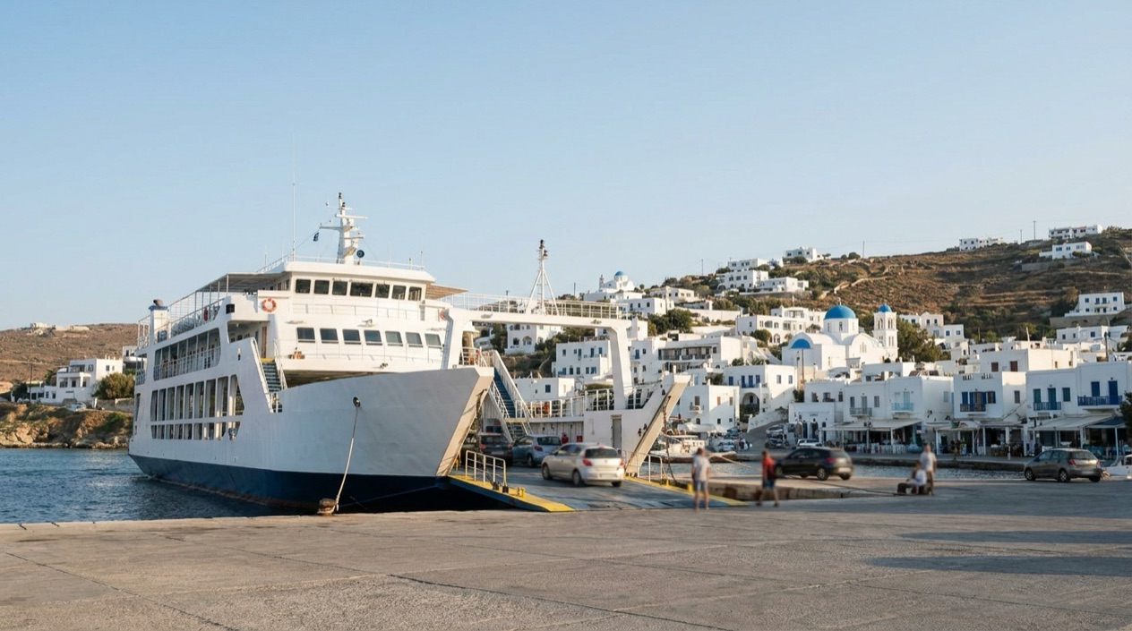 A ferry at a Greek island port
