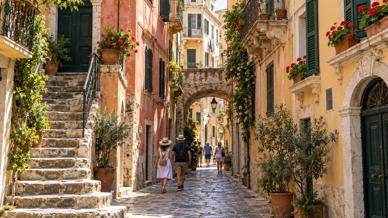 The paved alleys of Corfu Old Town in summer
