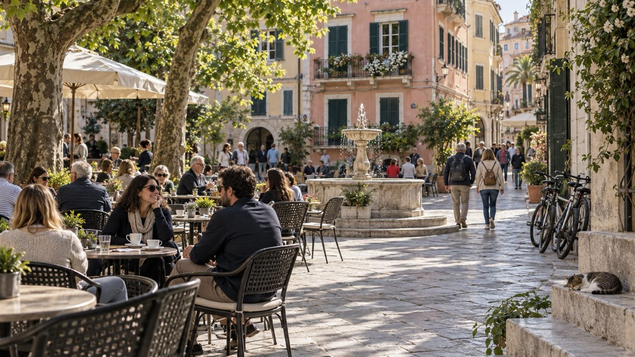 A Corfu square lively with mild spring weather