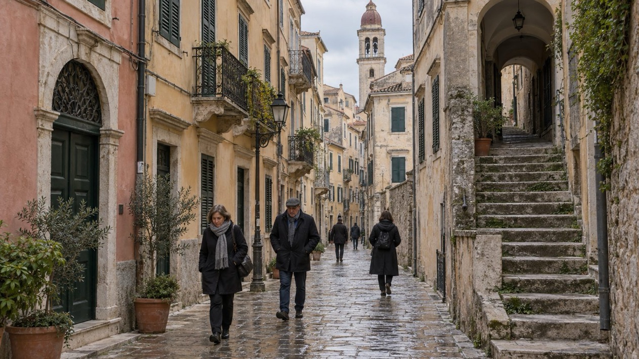 Corfu Old Town under a winter sky