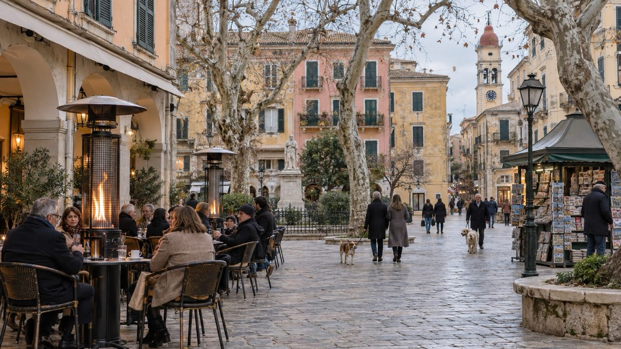 A square in Corfu under the mild winter sky