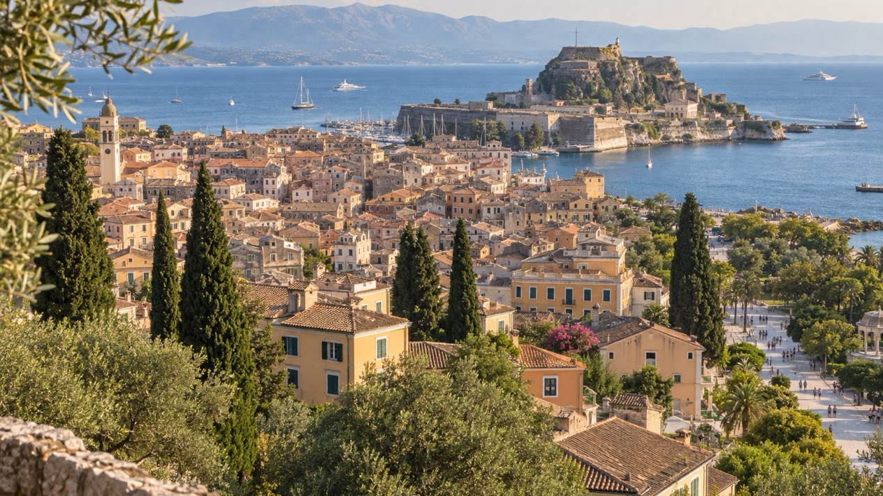 Overview of Corfu and the Ionian Sea in summer